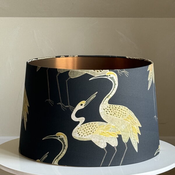 Elegant Crane Print Lampshade with Brushed Copper Lining