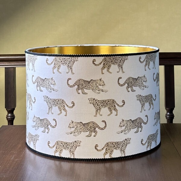 Leopard Parade Lampshade with Gold Lining and Brown Trim