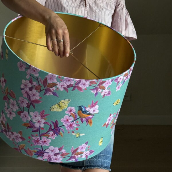 Cherry Blossom & Bees Aqua Gold-Lined Lampshade