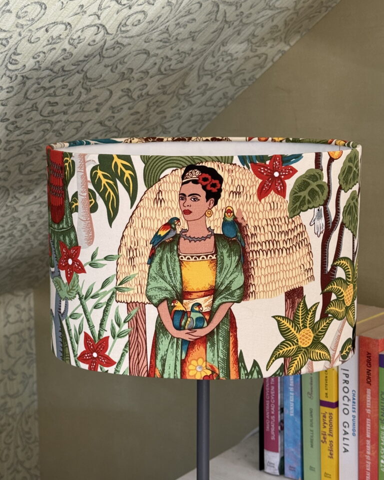 Frida Kahlo inspired handmade lampshade with tropical floral design and parrots – unlit view by Chantier Studio.